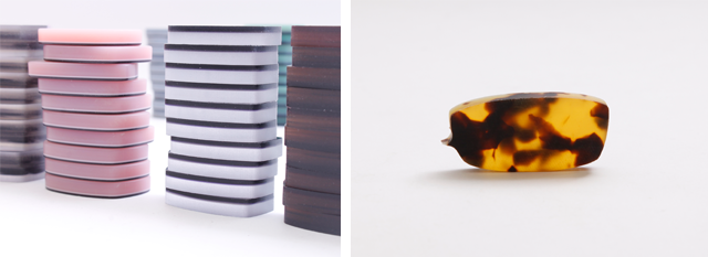 積層した素材(左)と、デミ(右)。不透明なものから透明感・奥行きのあるものなど、さまざまな素材があります
